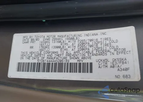 2004 Toyota Sequoia Sr5 V8 from USA, damaged, VIN 5TDBT44A44S206189